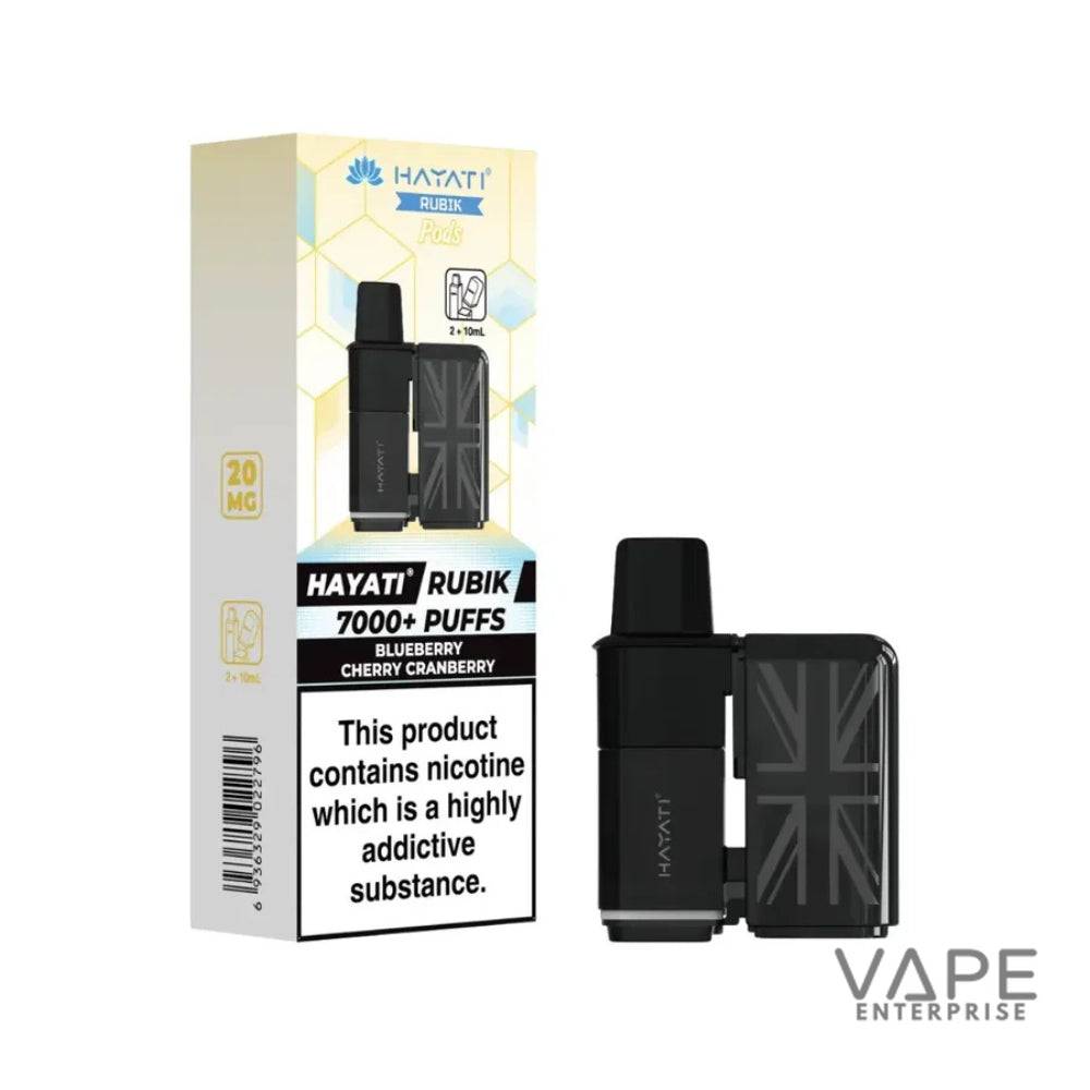 Hayati Rubik vape device with blueberry cherry cranberry flavor and 7000+ puffs, nicotine warning