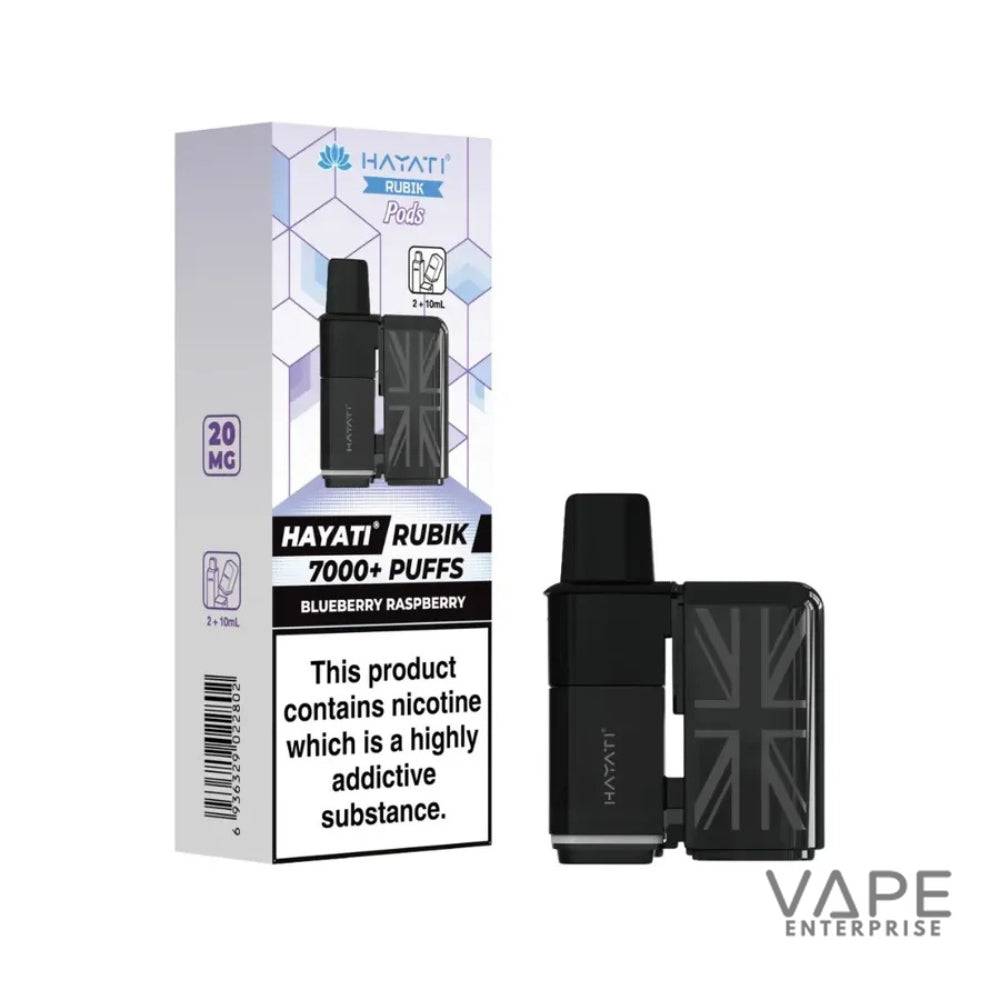 Hayati Rubik vape pod device and box with blueberry raspberry flavor and 7000+ puffs, nicotine warning
