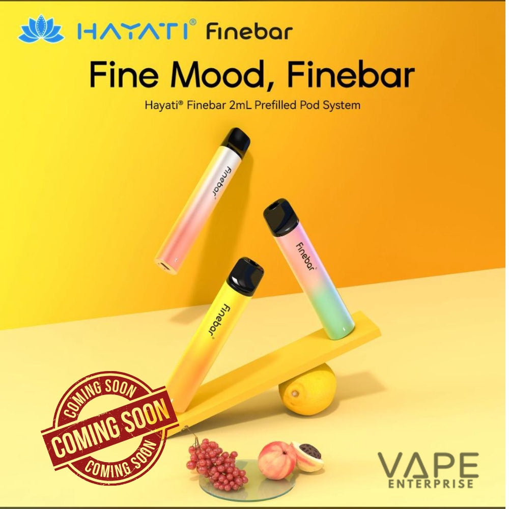 Hayati Finebar vape pod system with gradient design on a yellow background.