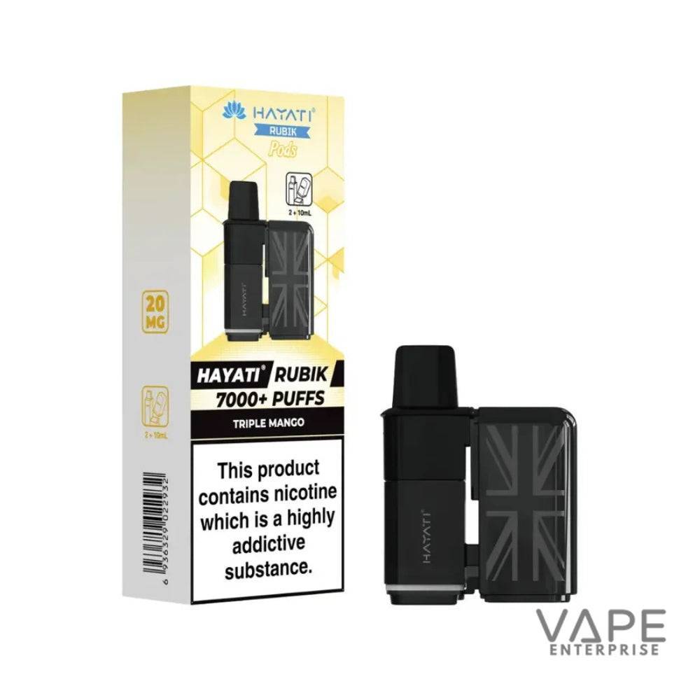 Hayati Rubik Triple Mango vape pod device and packaging with 7000+ puffs and 20mg nicotine warning