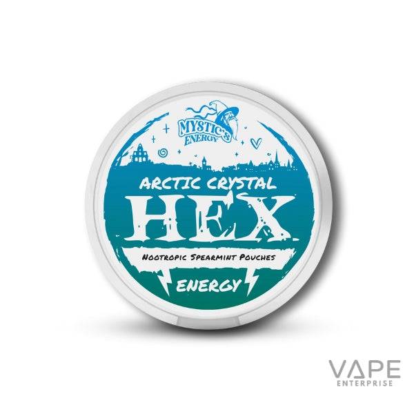 Mystics Energy Arctic Crystal HEX nootropic spearmint pouches container with blue and white design