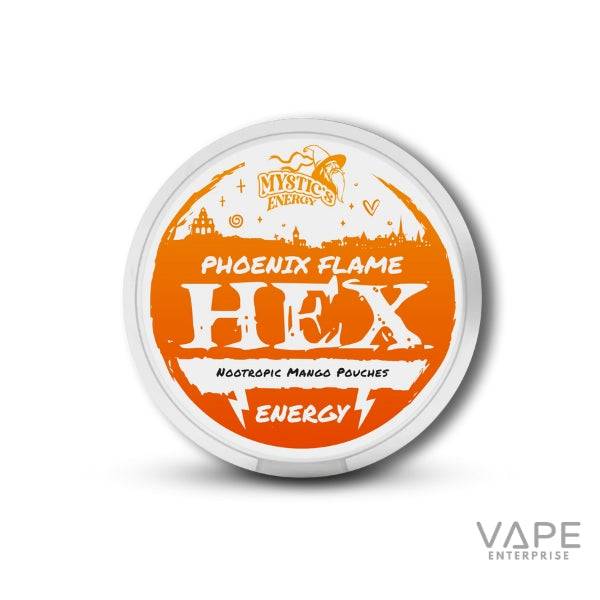 Mystics Energy Phoenix Flame HEX nootropic mango pouches with orange and white label
