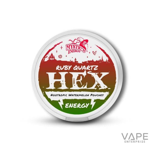Mystics Energy Ruby Quartz HEX nootropic watermelon flavor pouches container with red and green design