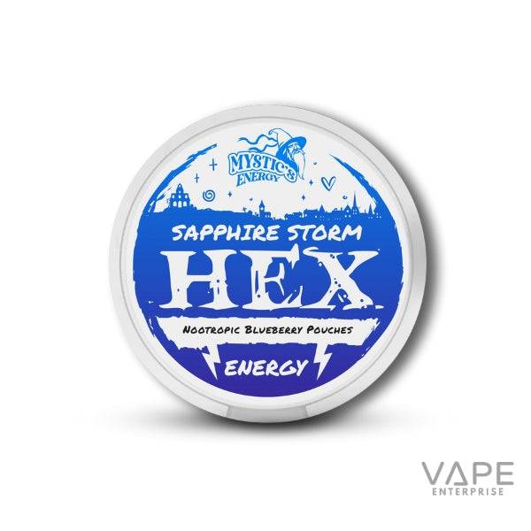 Mystics Energy Sapphire Storm Hex nootropic blueberry energy pouches container in blue and white