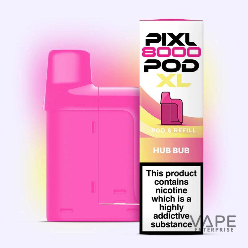 Bright pink PIXL 8000 POD XL vape device next to Hub Bub refill pod packaging with nicotine addiction warning
