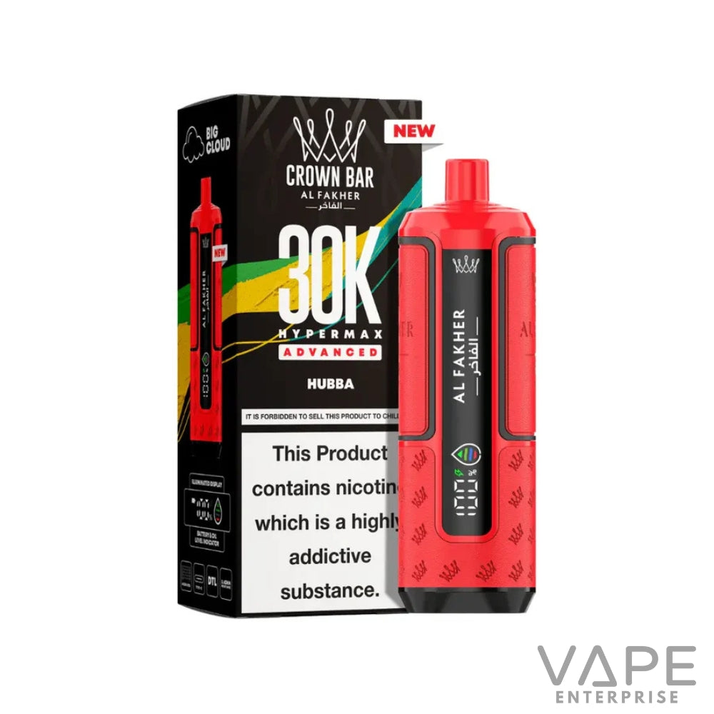 Red Al Fakher Crown Bar 30K Hypermax Advanced disposable vape with packaging box