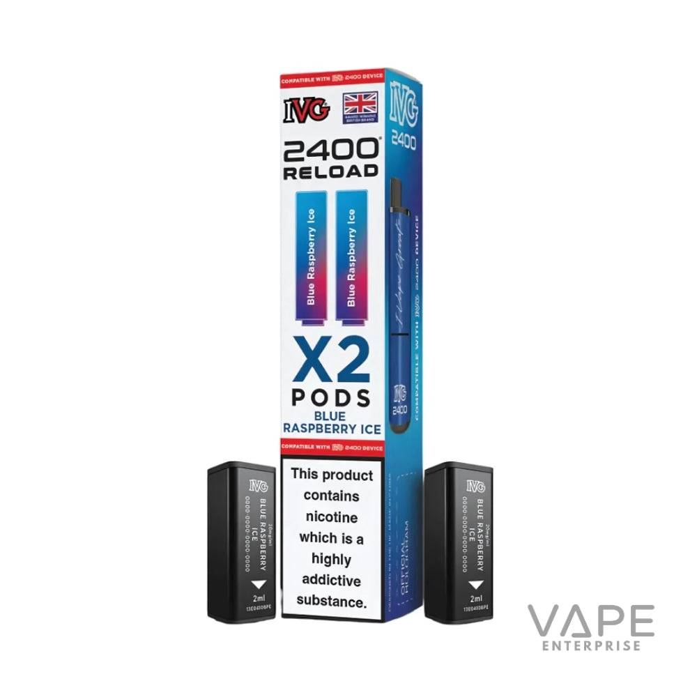IVG 2400 Reload Blue Raspberry Ice vape pods pack with two black refill cartridges