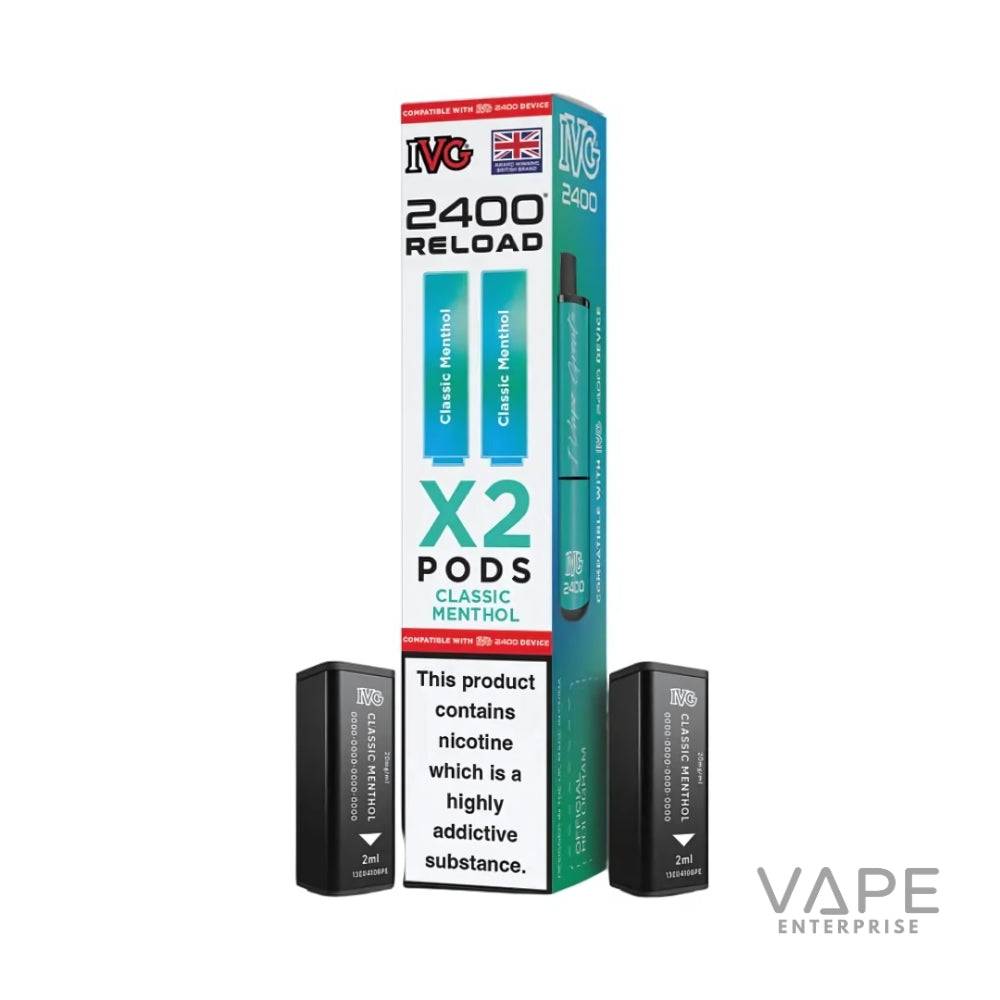 IVG 2400 Reload Classic Menthol vape pods packaging with two black refill pods and nicotine warning