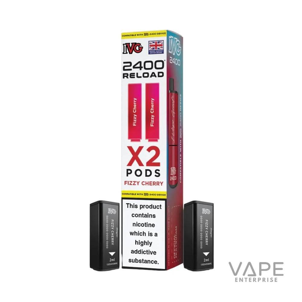 IVG 2400 Reload Fizzy Cherry vape pods pack with two 2ml nicotine pods and warning label