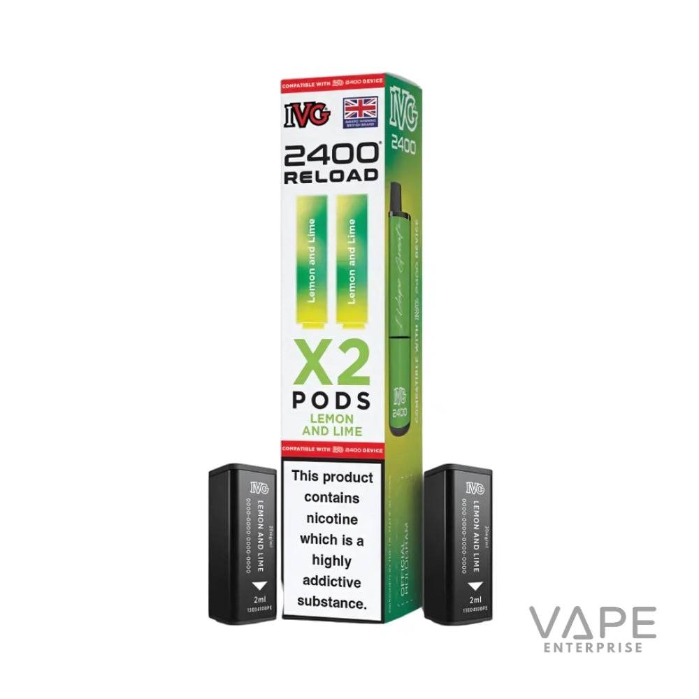 IVG 2400 Reload lemon and lime vape pods pack with nicotine addiction warning