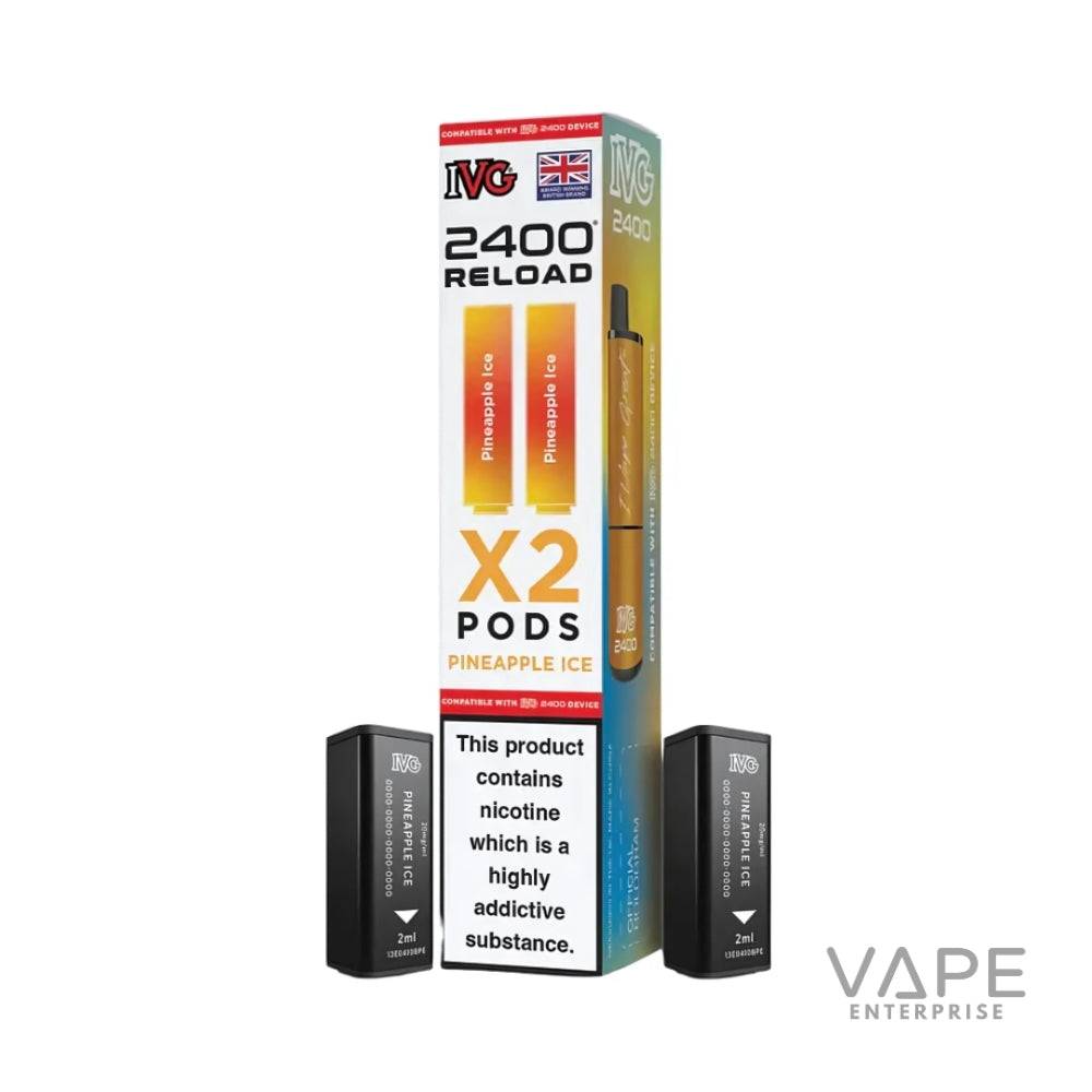 IVG 2400 Reload Pineapple Ice vape pods pack with two black 2ml refill pods and nicotine warning
