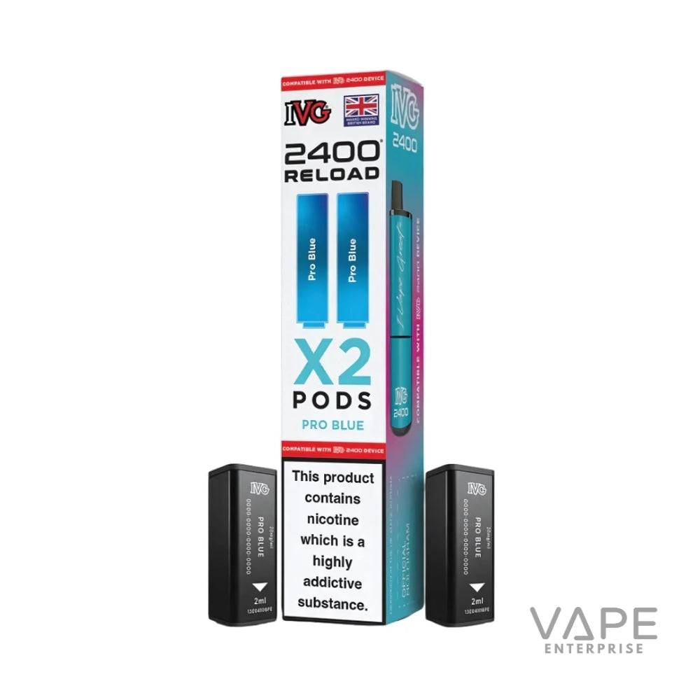 IVG 2400 Reload Pro Blue vape pods pack with two black 2ml pods and nicotine warning label