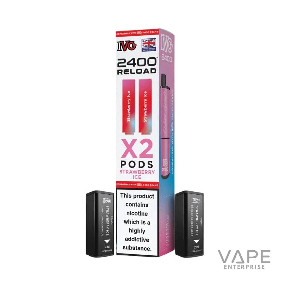 IVG 2400 Reload Strawberry Ice vape pods pack with two black 2ml refill pods and nicotine warning