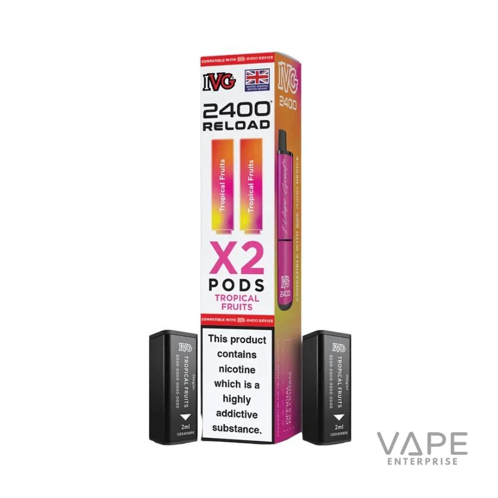IVG 2400 Reload x2 Tropical Fruits vape pods with nicotine warning label and black cartridge packaging