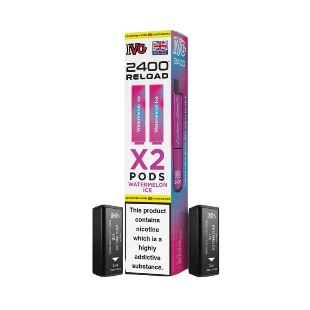 IVG 2400 Reload Watermelon Ice vape pods pack with two black 2ml pods and nicotine addiction warning