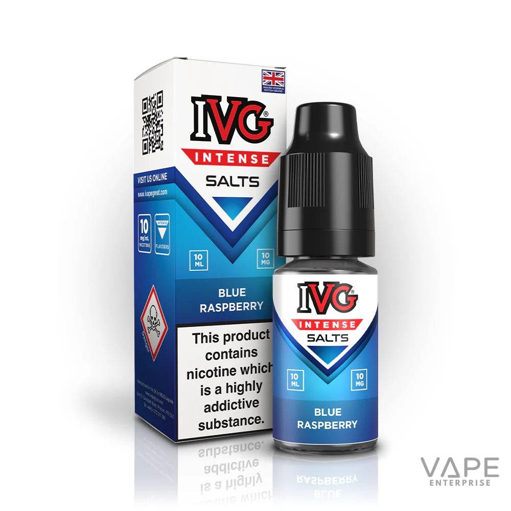 IVG Intense Salts Blue Raspberry nicotine salt e-liquid bottle and packaging with 10mg nicotine