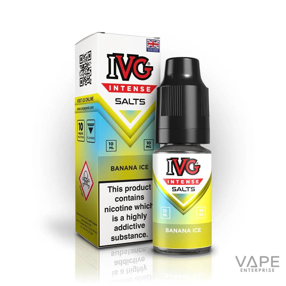 IVG Intense Salts Banana Ice 10ml nicotine salt e-liquid bottle and box with warning label