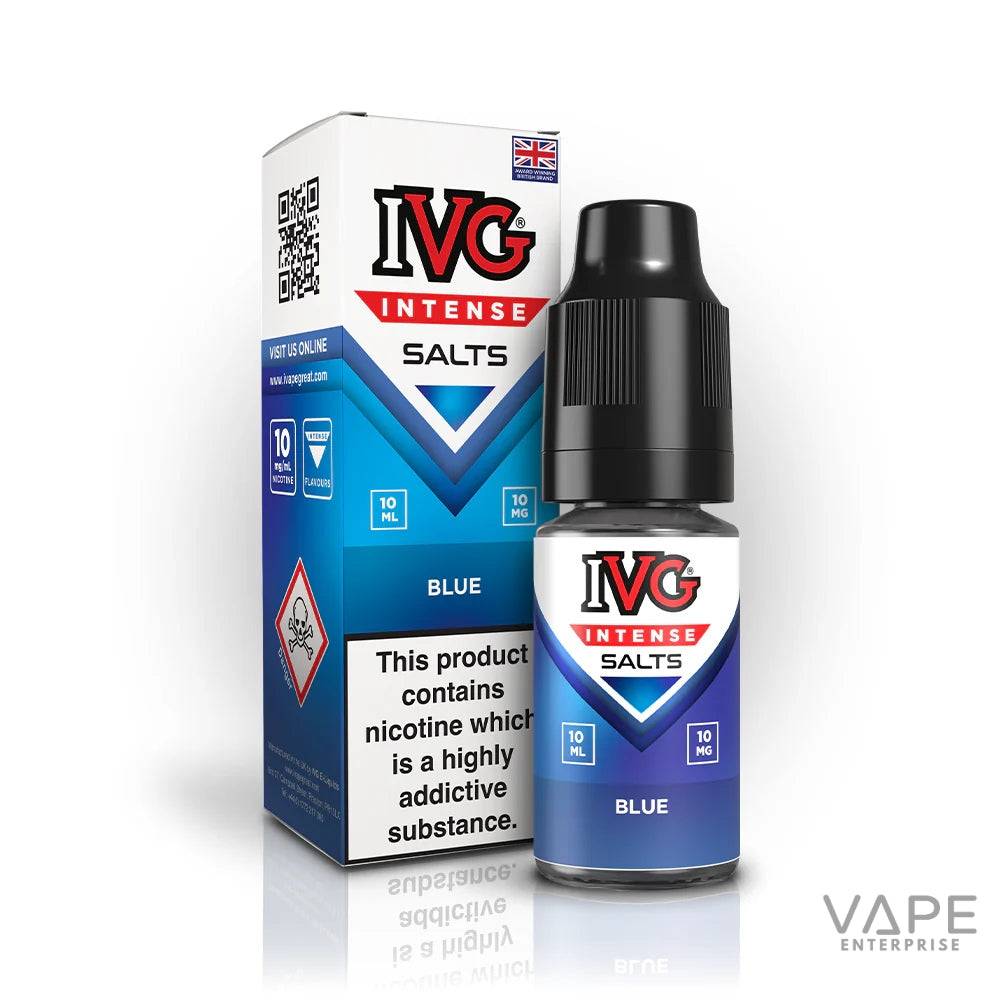 IVG Intense Salts Blue nicotine salt e-liquid 10ml bottle and packaging with nicotine warning