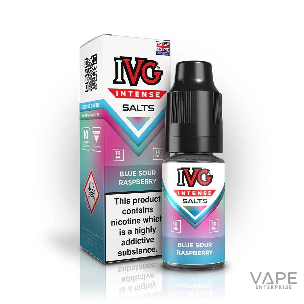IVG Intense nicotine salt e-liquid Blue Sour Raspberry flavor with 10ml 10mg bottle and packaging