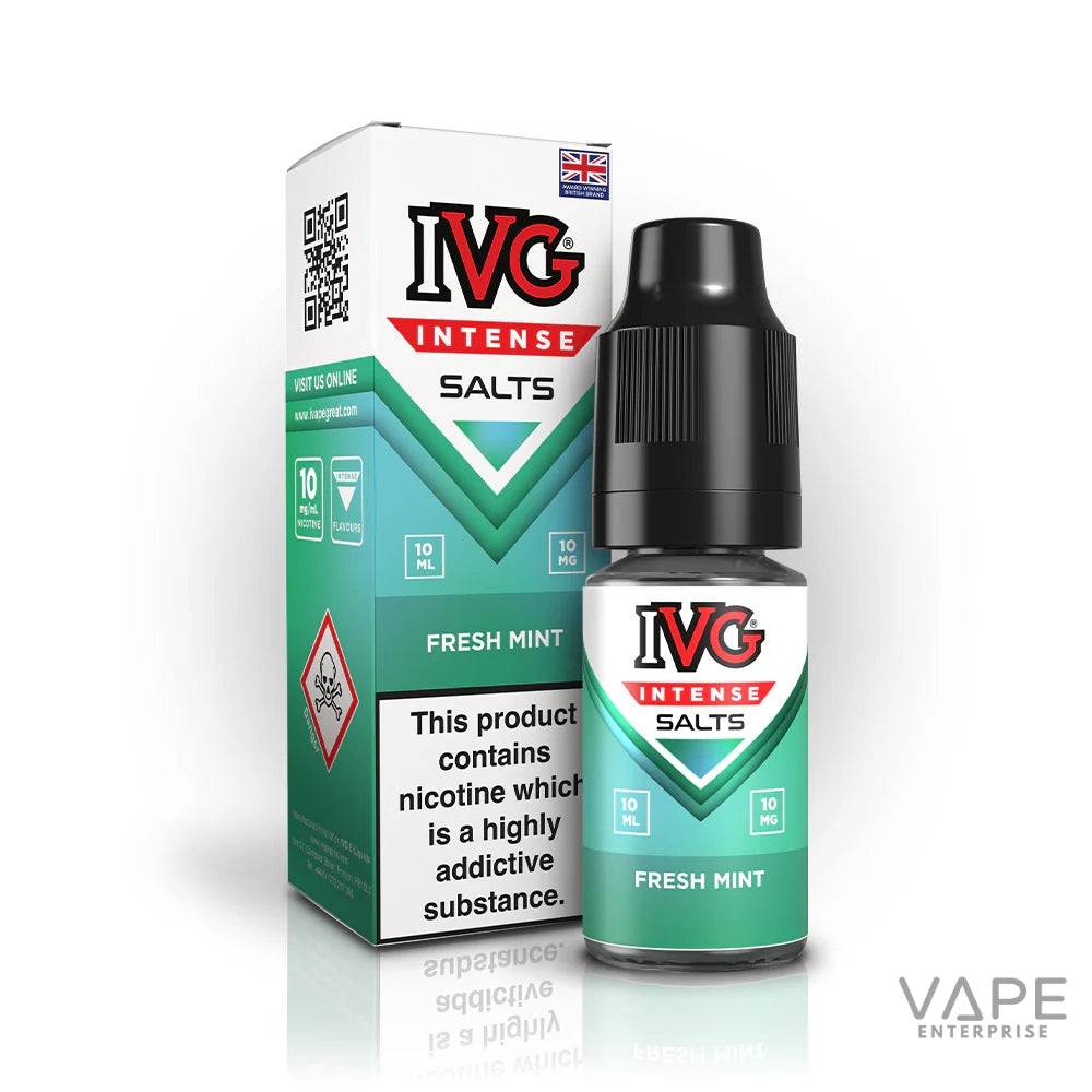 IVG Intense Salts Fresh Mint nicotine salt vape juice 10ml bottle and packaging with nicotine warning