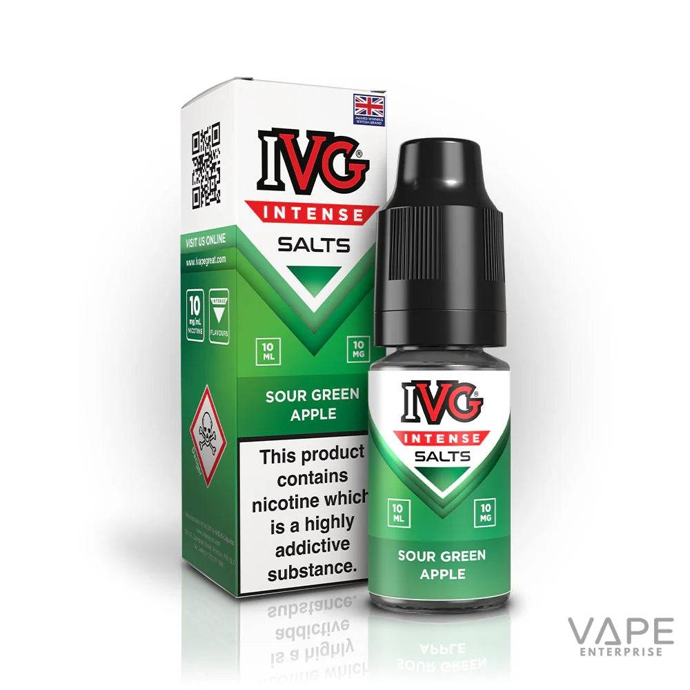 IVG Intense Salts Sour Green Apple nicotine salt vape juice bottle and box, 10ml, 10mg