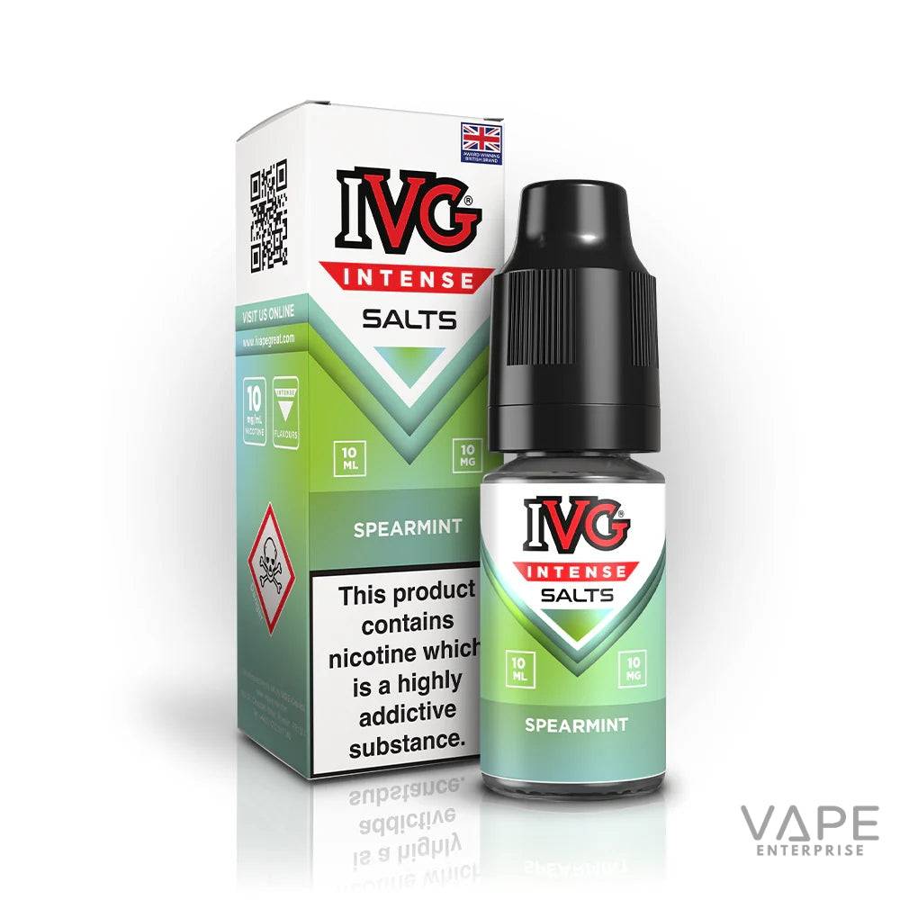 IVG Intense Salts Spearmint nicotine salt e-liquid bottle and packaging with safety warning