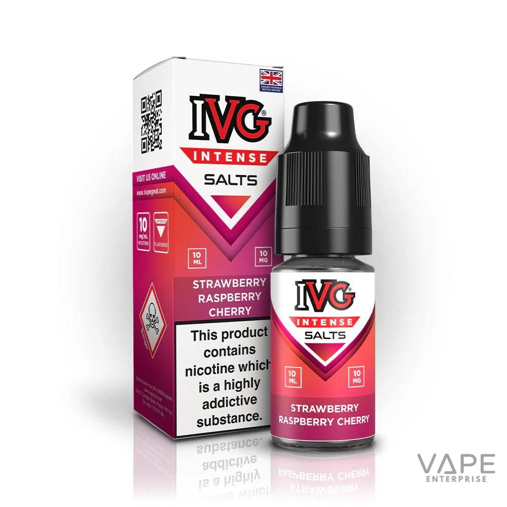 IVG Intense Salts nicotine vape juice bottle and box with strawberry raspberry cherry flavor