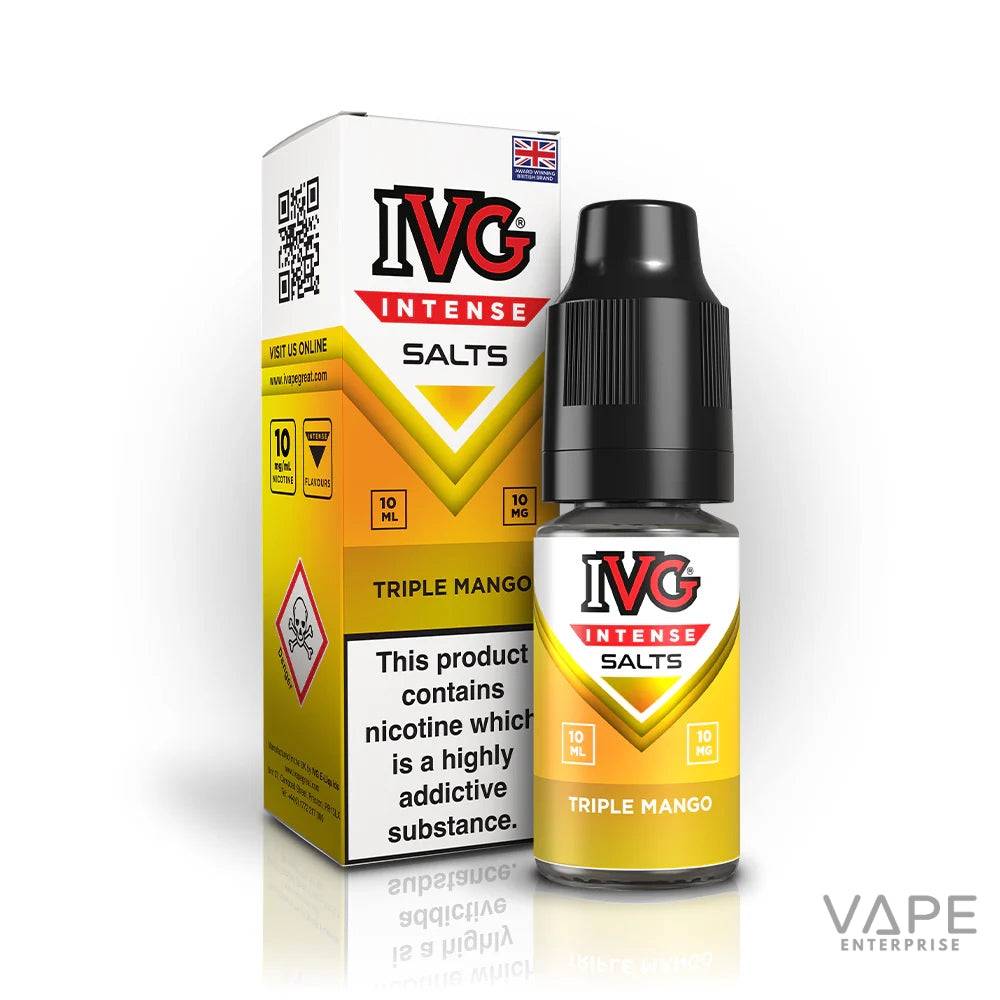 IVG Intense Salts Triple Mango 10ml nicotine vape juice bottle and box with warning label