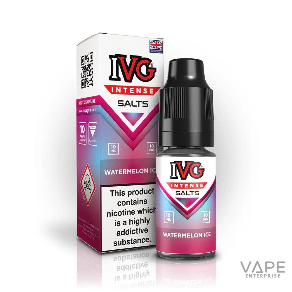 IVG Intense Salts Watermelon Ice nicotine vape juice bottle and packaging with addiction warning