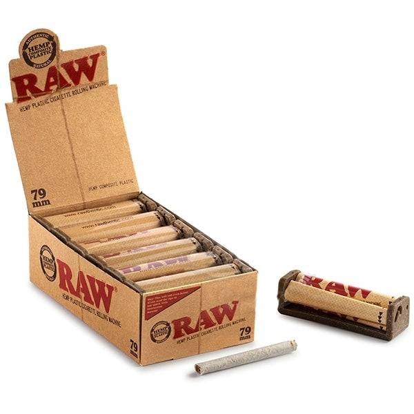 RAW 79mm hemp plastic cigarette rolling machine box with individual rollers and a rolled cigarette