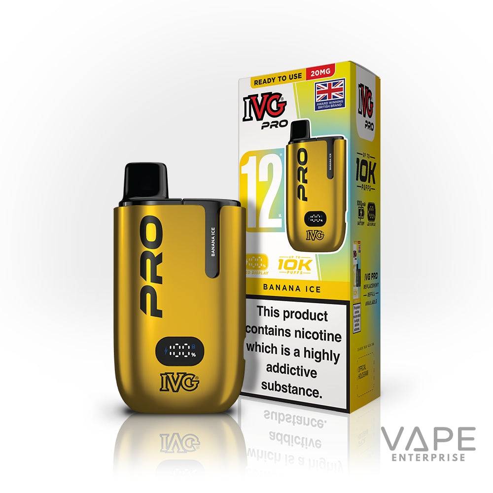 IVG Pro 12 disposable vape device and packaging in banana ice flavor with nicotine warning