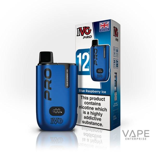 IVG Pro 12 Blue Raspberry Ice prefilled vape pod with packaging and nicotine warning