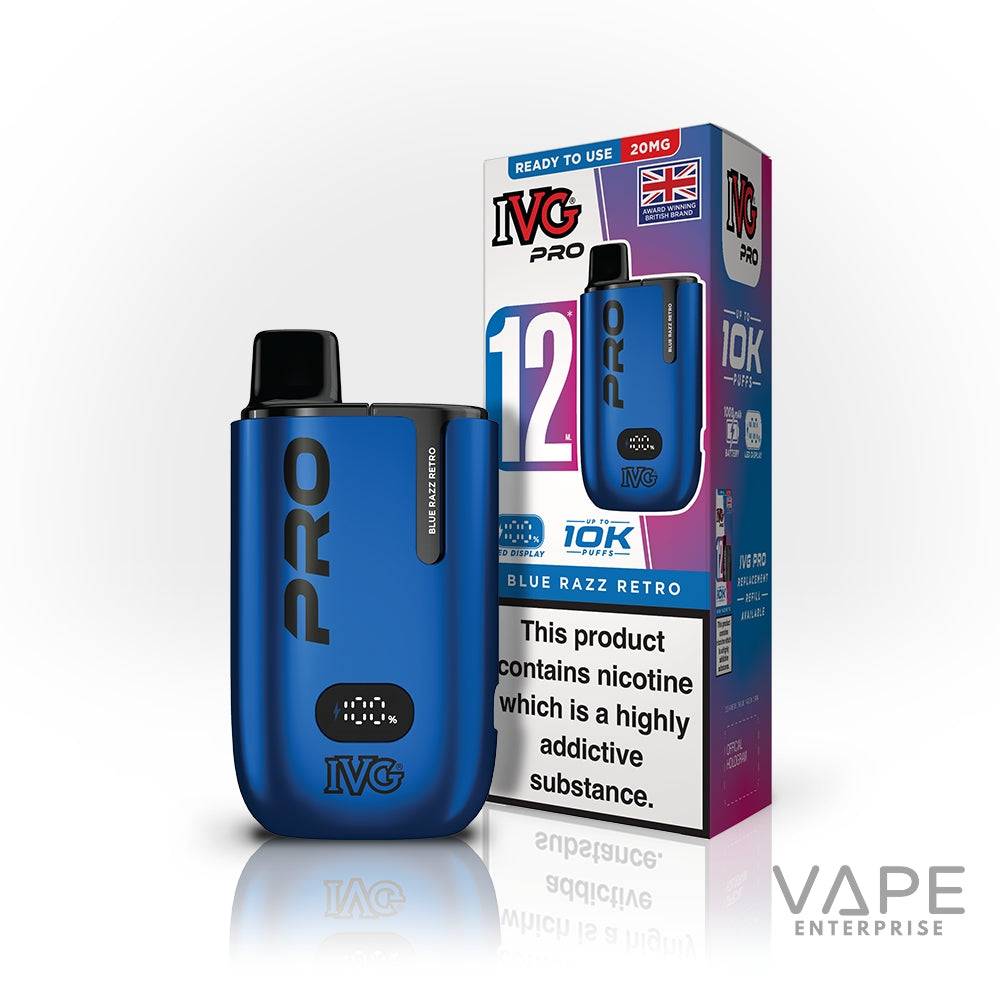 IVG Pro 12 Blue Razz Retro disposable vape with 20mg nicotine, 10K puffs, digital display