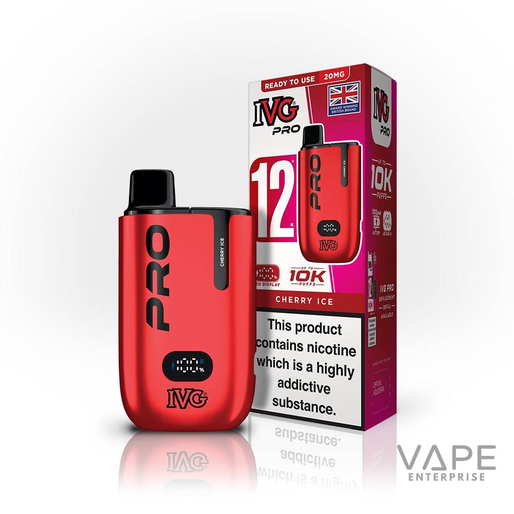 IVG Pro 12 prefilled Cherry Ice vape pod kit in red with nicotine warning and packaging