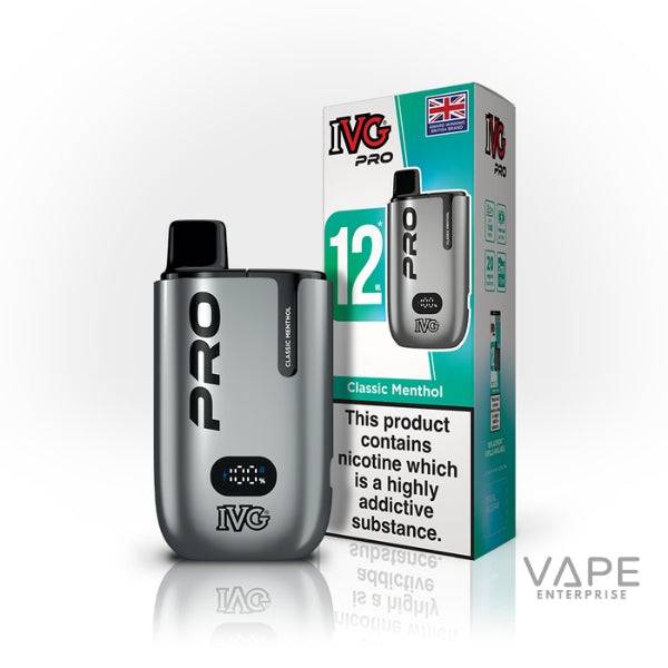 IVG Pro 12 prefilled pod kit in classic menthol flavor with nicotine addiction warning box