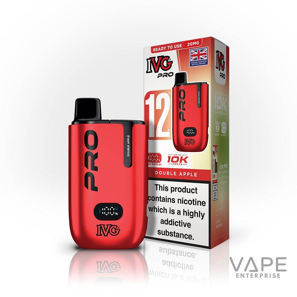 Red IVG Pro 12 disposable vape kit with double apple flavor and nicotine warning on packaging