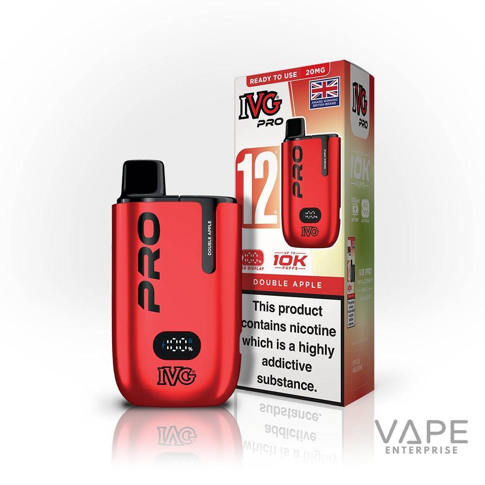 Red IVG Pro 12 disposable vape kit with double apple flavor and nicotine warning on packaging