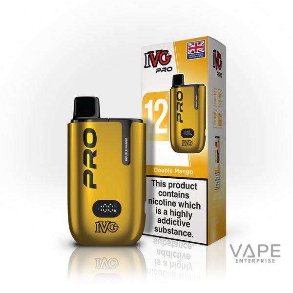 IVG Pro 12 Double Mango prefilled pod vape kit with gold device and packaging showing nicotine warning