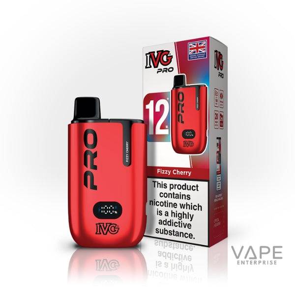 IVG Pro 12 Fizzy Cherry prefilled pod vape kit with red device and packaging showing nicotine addiction warning