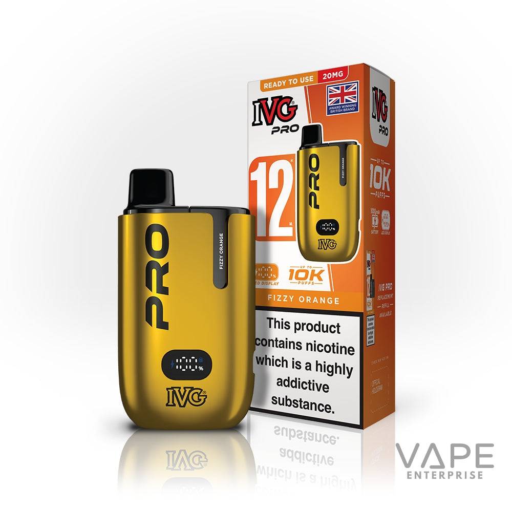 IVG Pro 12 disposable vape pod in fizzy orange flavor with digital puff display and packaging