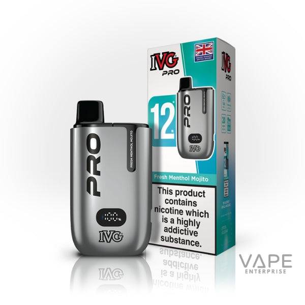 IVG Pro 12 Fresh Menthol Mojito prefilled pod vape device and packaging with nicotine warning