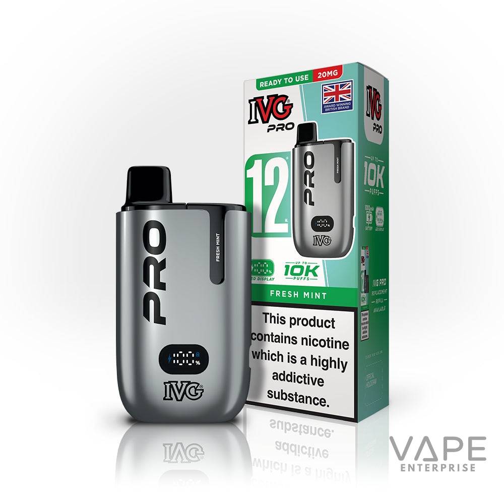 IVG Pro 12 prefilled pod vape kit in fresh mint flavor with 20mg nicotine and LED display