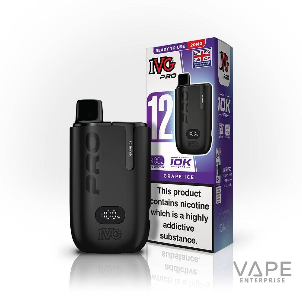 IVG Pro 12 disposable vape pod kit in Grape Ice flavor with 20mg nicotine and digital battery display