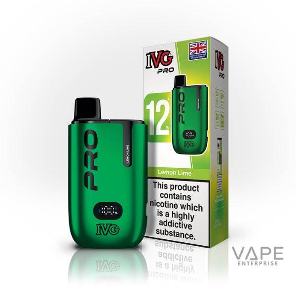 Green IVG Pro 12 prefilled pod vape device and lemon lime flavor box with UK flag and nicotine warning