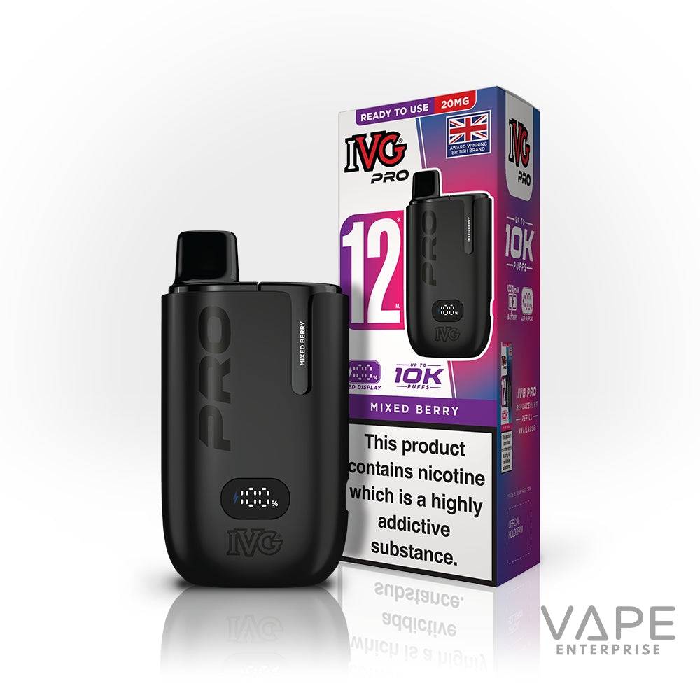IVG Pro 12 prefilled pod vape device and mixed berry flavor box with nicotine warning