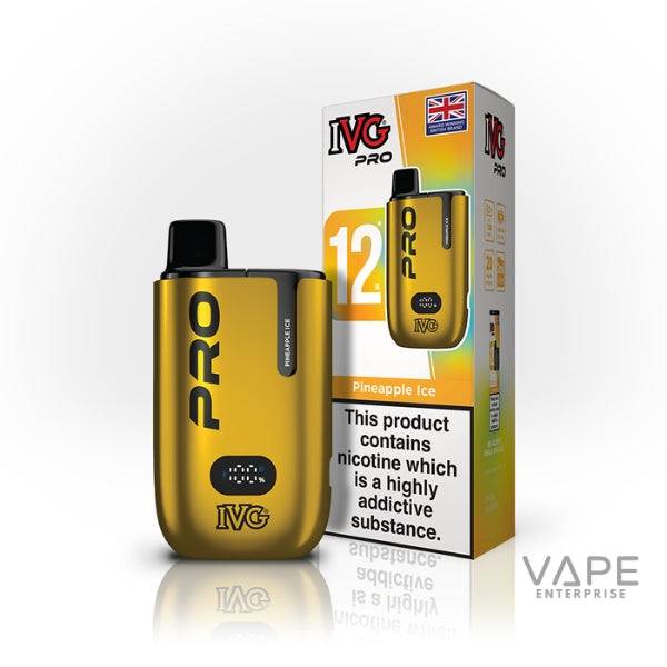 IVG Pro 12 prefilled pod vape device in gold with Pineapple Ice flavor and UK flag packaging
