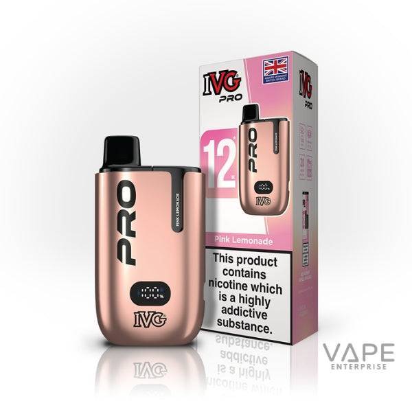 IVG Pro 12 Pink Lemonade prefilled vape pod kit with nicotine warning and UK flag