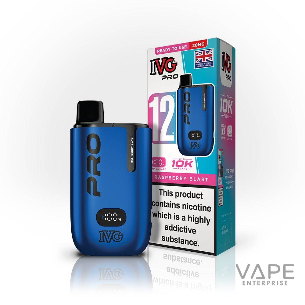 IVG Pro 12 disposable vape in blue with Raspberry Blast flavor and 10K puffs, next to its box