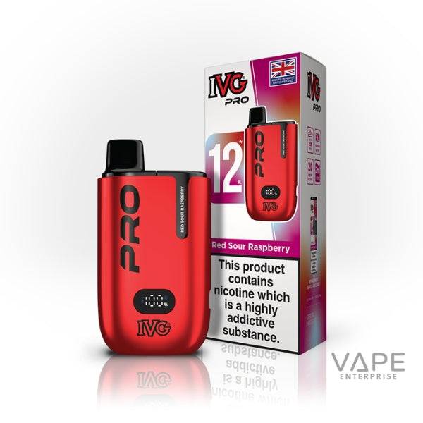 Red IVG Pro 12 prefilled pod vape kit in Red Sour Raspberry with packaging and nicotine warning