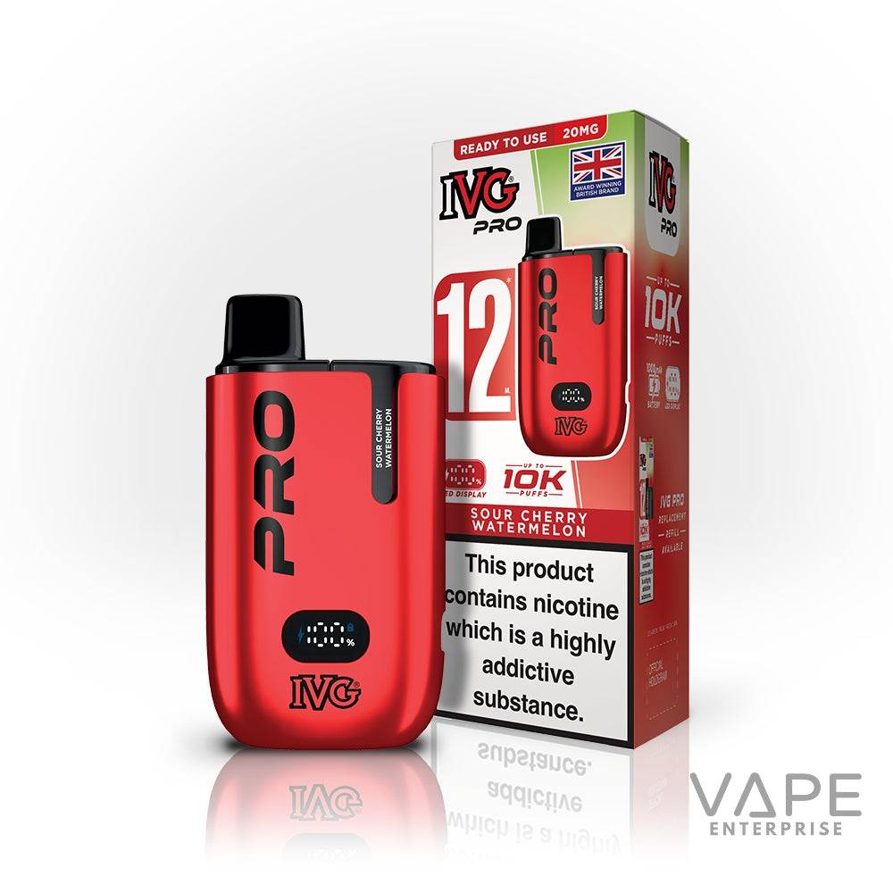 Red IVG Pro 12 disposable vape kit with sour cherry watermelon flavor and 20mg nicotine